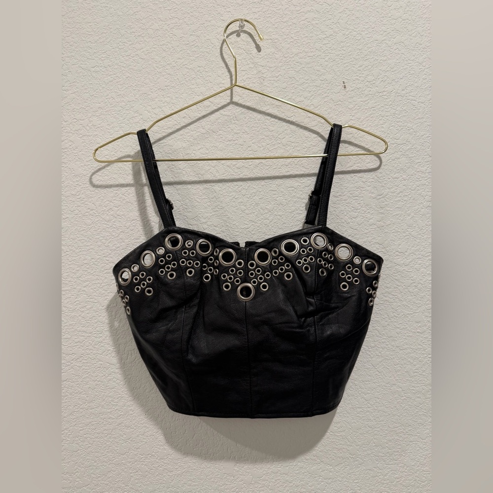 Arlen Ness Black Studded genuine leather Biker Women's tank Top vintage